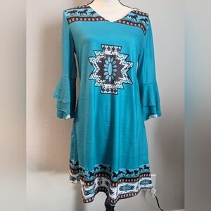 New aqua dress, Aztec & horse detail size M, ruffle sleeves